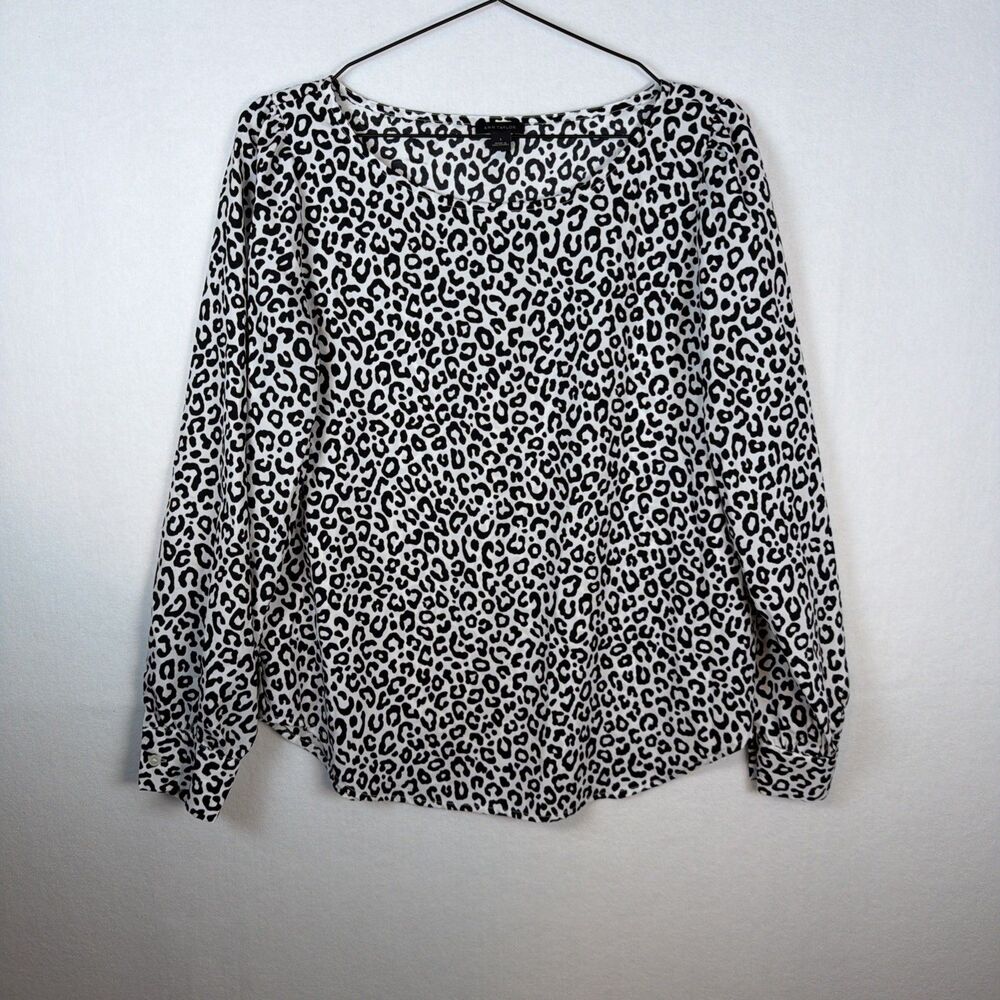 Ann Taylor Womens S Black White Animal Print Long Sleeve Scoop Neck Blouse Top